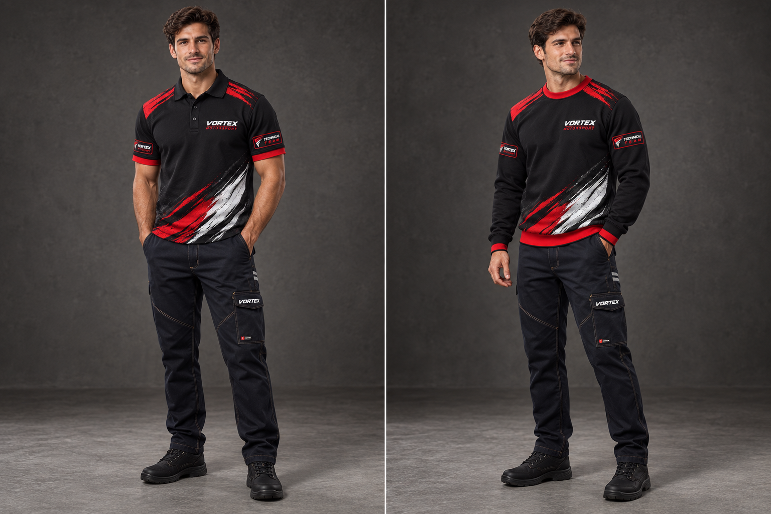 Modelo virtual con dos conjuntos VORTEX: polo con pantalón y sudadera con pantalón de trabajo